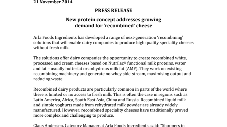 ​New protein concept addresses growing demand for ‘recombined’ cheese