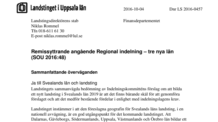 Remissyttrande från Landstinget i Uppsala län angående Regional indelning – tre nya län 