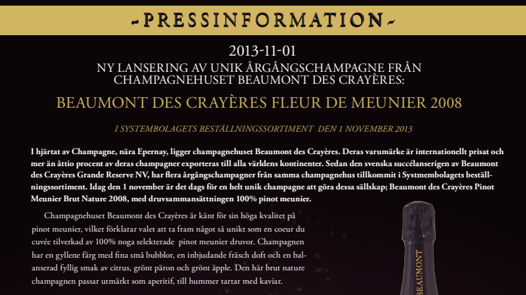 Ny lansering av unik årgångschampagne från champagnehuset Beaumont des Crayères: Beaumont des Crayères Fleur de Meunier 2008 