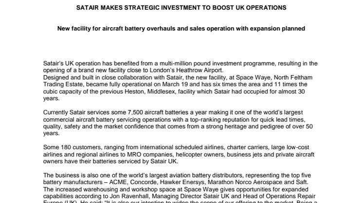 Satair makes strategic investment to boost UK operations