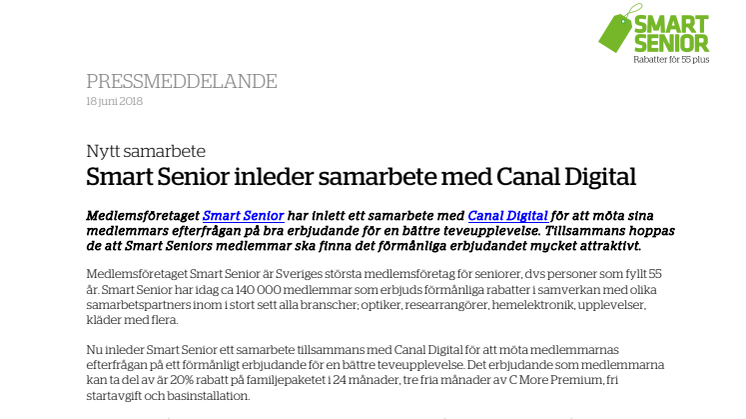 Nytt samarbete - Smart Senior inleder samarbete med Canal Digital