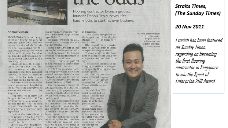 Evorich Article Featuring on Sunday Times Newspaper (20 Nov 2011)