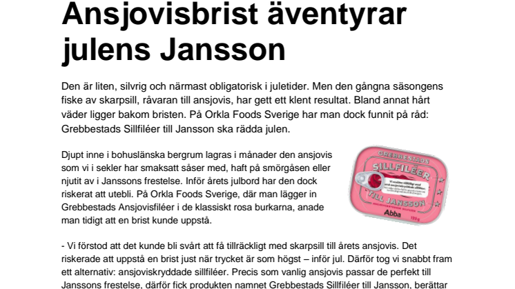 Ansjovisbrist äventyrar julens Jansson