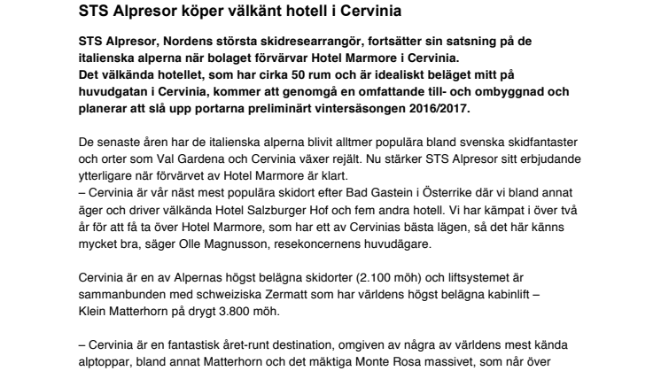 STS Alpresor köper välkänt hotell i Cervinia