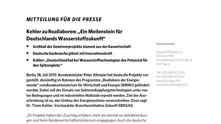 Kehler zu Reallaboren: „Ein Meilenstein für  Deutschlands Wasserstoffzukunft“