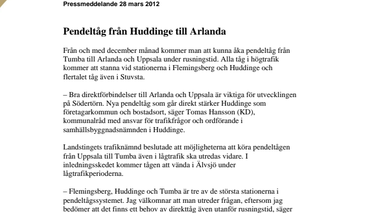 Pendeltåg från Huddinge till Arlanda