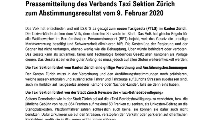 Pressemitteilung des Verbands Taxi Sektion Zürich zum Abstimmungsresultat vom 9. Februar 2020