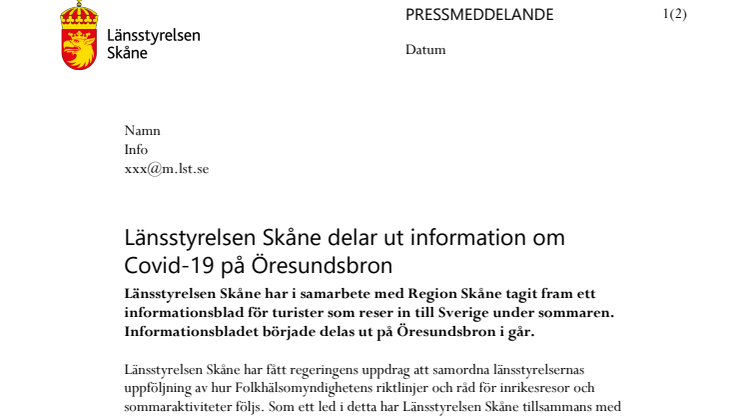 Länsstyrelsen Skåne delar ut information om Covid-19 på Öresundsbron