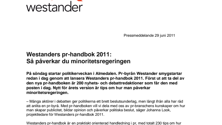 Westanders pr-handbok 2011:  Så påverkar du minoritetsregeringen
