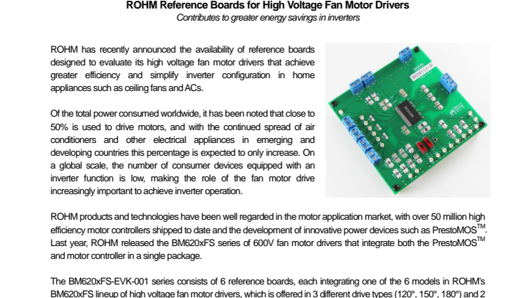ROHM Reference Boards for High Voltage Fan Motor Drivers ---Contributes to greater energy savings in inverters