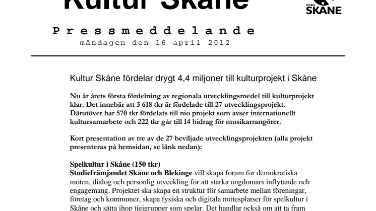 Kultur Skåne fördelar drygt 4,4 miljoner till kulturprojekt i Skåne