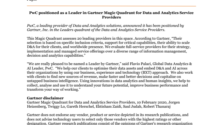 PwC positioned as a Leader in Gartner Magic Quadrant for Data and Analytics Service Providers