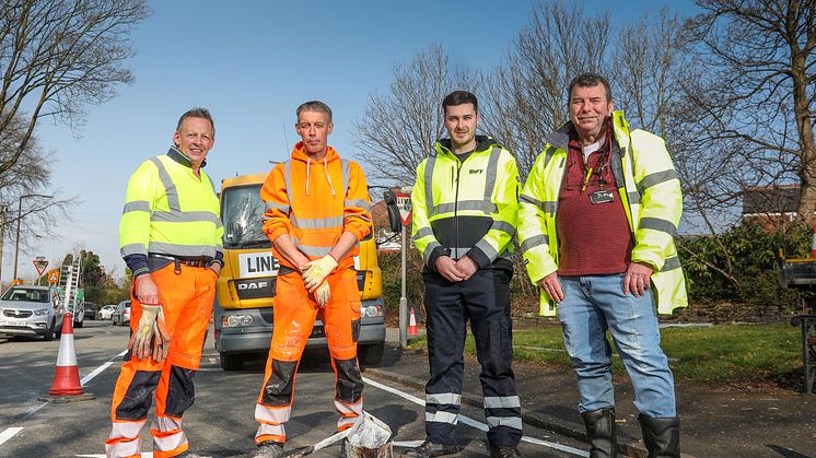 Cllr Alan Quinn (right) with staff from contractors Northern Markings Ltd and council engineering technician Josh Alderton.