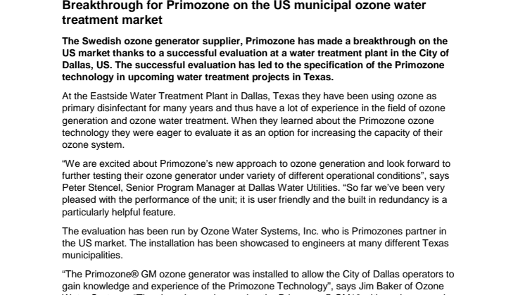 Breakthrough for Primozone on the US municipal ozone water treatment market