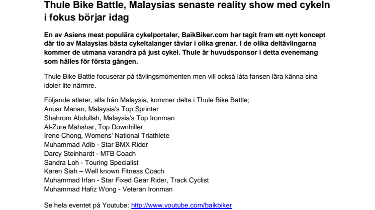 Thule Bike Battle, Malaysias senaste reality show med cykeln i fokus börjar idag 