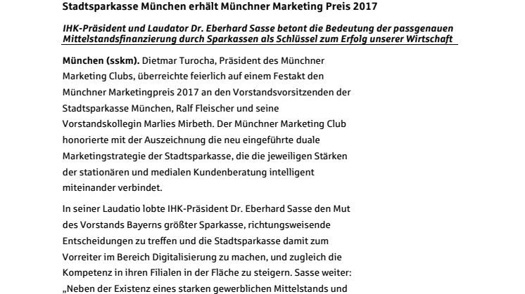 Stadtsparkasse München erhält Münchner Marketing Preis 2017