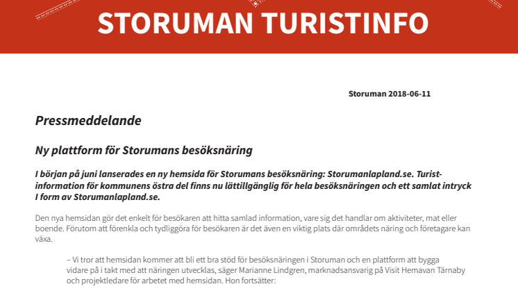 Ny plattform för Storumans besöksnäring