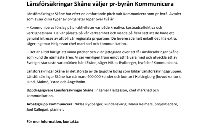 Länsförsäkringar Skåne väljer pr-byrån Kommunicera 