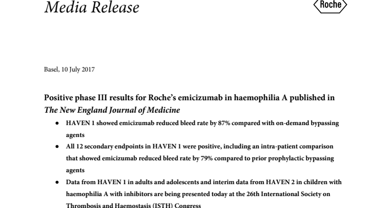 Positive phase III results for Roche’s emicizumab in haemophilia A published in The New England Journal of Medicine