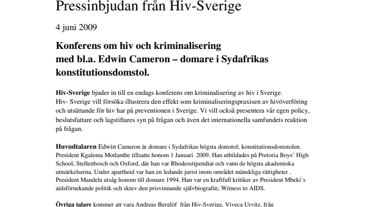  Pressinbjudan till hivkonferens med Edwin Cameron