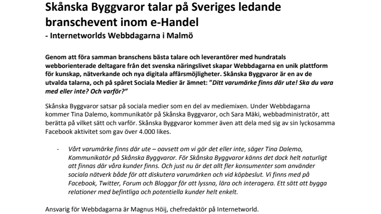 Skånska Byggvaror talar på Sveriges ledande branschevent inom e-Handel - Internetworlds Webbdagarna i Malmö