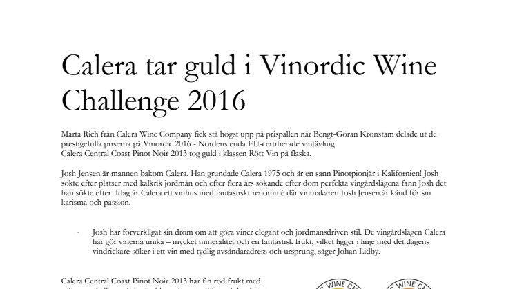 Calera tar guld i Vinordic Wine Challenge 2016