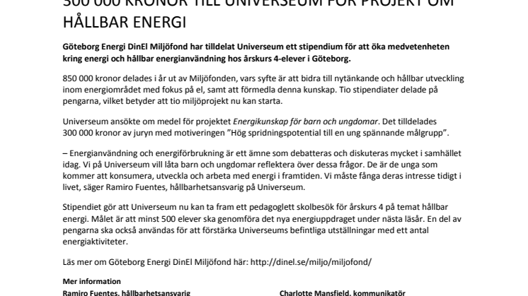 300 000 kronor till Universeum för projekt om hållbar energi