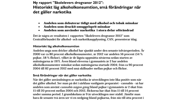 Ny rapport "Skolelevers drogvanor 2012": Historiskt låg alkoholkonsumtion, små förändringar när det gäller narkotika