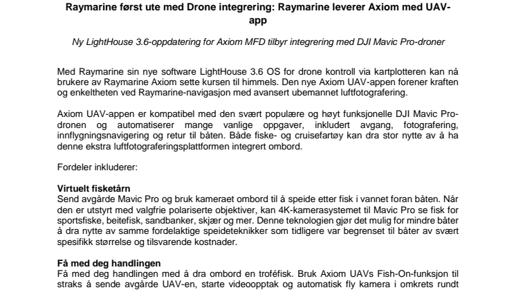Raymarine: Raymarine først ute med Drone integrering: Raymarine leverer Axiom med UAV-app