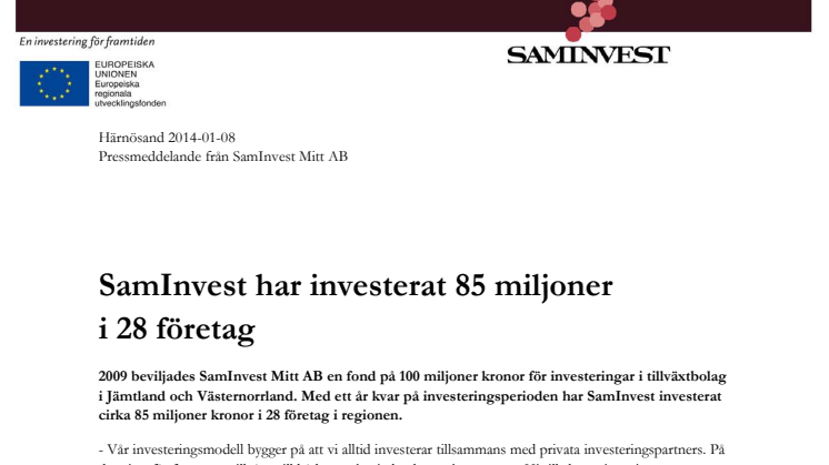 SamInvest har investerat 85 miljoner i 28 företag