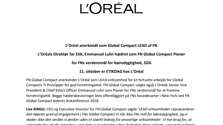 FNs Global Compact LEAD: L'Oréal hædres for god forretningsetik og som pioner for FNs verdensmål