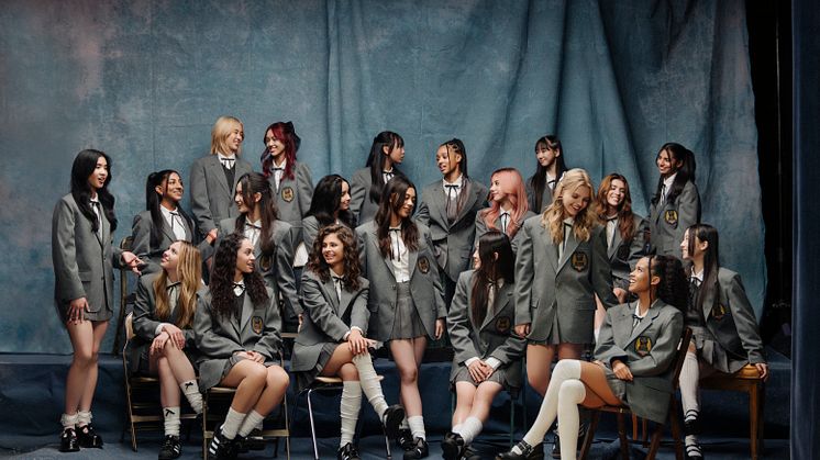 The Debut: Dream Academy. De 20 tävlande i jakten till nästa globala tjejgruppen. Bild: HYBE x Geffen Records 