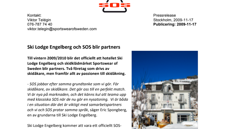Ski Lodge Engelberg och SOS blir partners