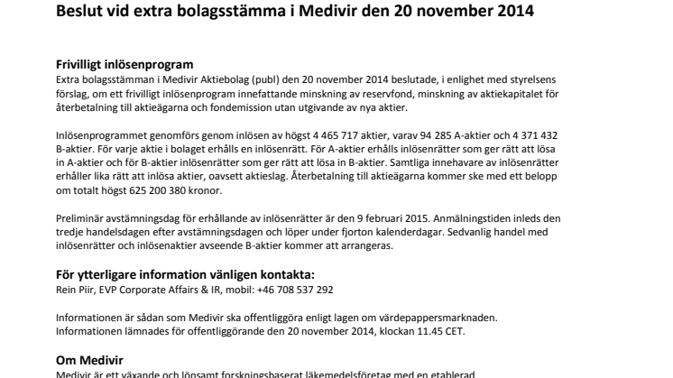 Beslut vid extra bolagsstämma i Medivir den 20 november 2014