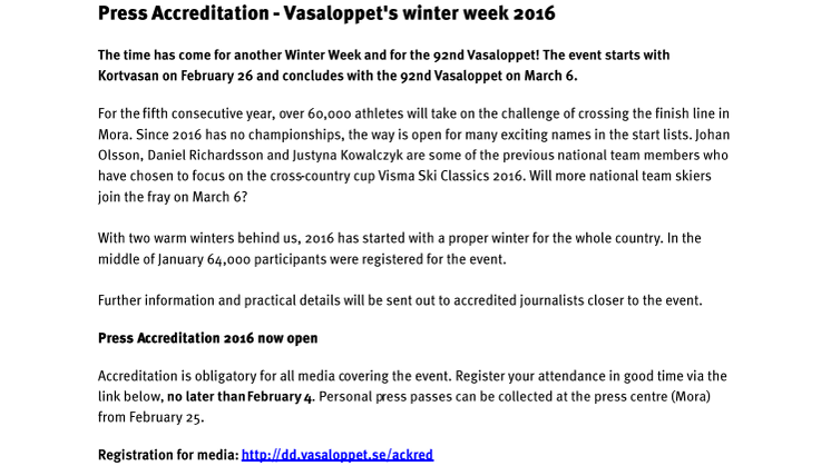 Invite press accreditation Vasaloppet 2016 - English