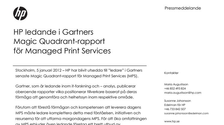 HP ledande i Gartners Magic Quadrant-rapport för Managed Print Services