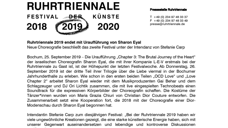 Ruhrtriennale 2019 endet mit Uraufführung von Sharon Eyal