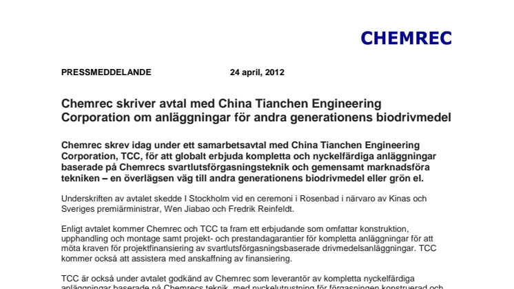Chemrec skriver avtal med China Tianchen Engineering Corporation om anläggningar för andra generationens biodrivmedel