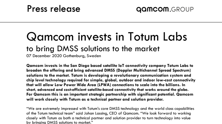 Qamcom invests in Totum Labs  to bring DMSS solutions to the market