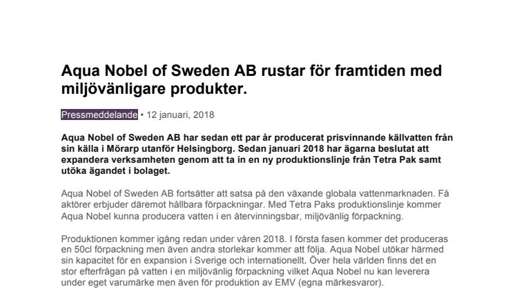 Aqua Nobel of Sweden AB rustar för framtiden med miljövänligare produkter