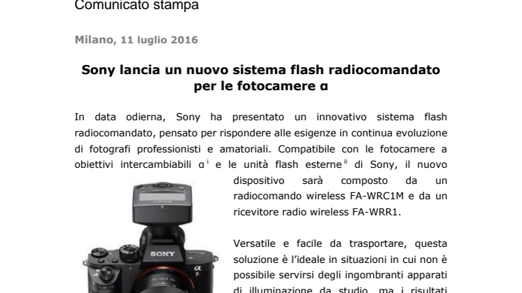 Sony lancia un nuovo sistema flash radiocomandato per le fotocamere α      