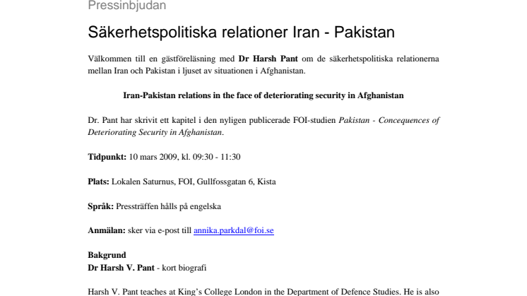 Pressinbjudan: Säkerhetspolitiska relationer Iran - Pakistan