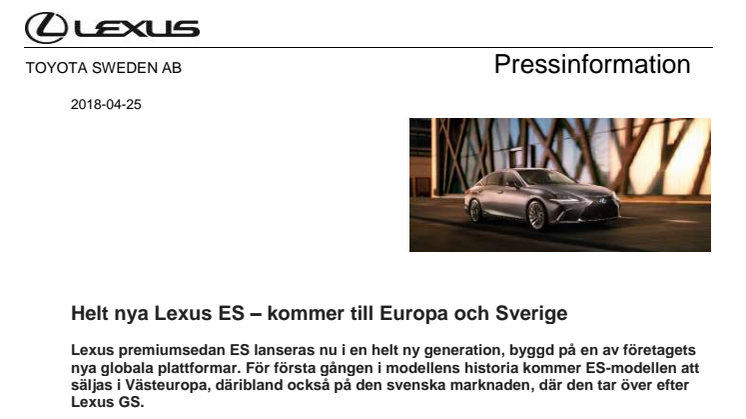 Helt nya Lexus ES – kommer till Europa och Sverige
