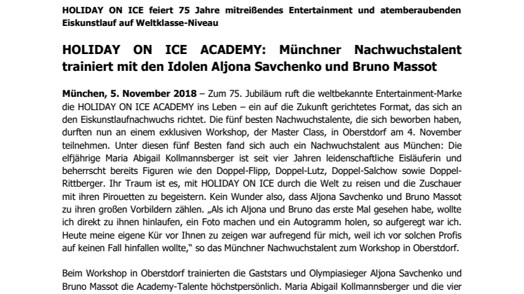 HOLIDAY ON ICE ACADEMY: Münchner Nachwuchstalent trainiert mit den Idolen Aljona Savchenko und Bruno Massot  