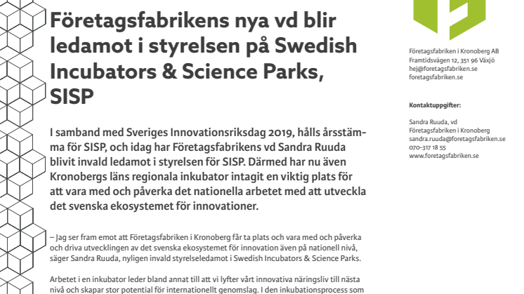 Företagsfabrikens nya vd blir ledamot i styrelsen på Swedish Incubators & Science Parks, SISP