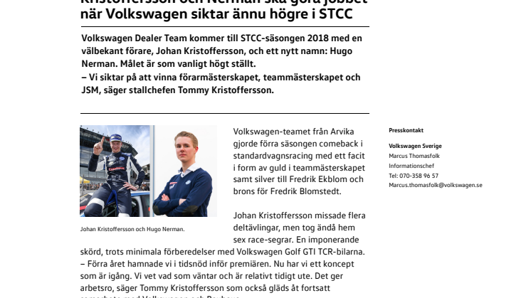 Kristoffersson och Nerman ska göra jobbet när Volkswagen siktar ännu högre i STCC