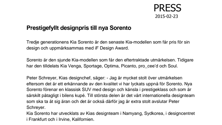 Prestigefyllt designpris till nya Sorento