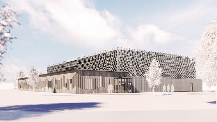 Ny idrottshall byggs vid Myråsskolan beklädd med ett spännande regelmaterial. Bild: Okidoki Arkitekter AB
