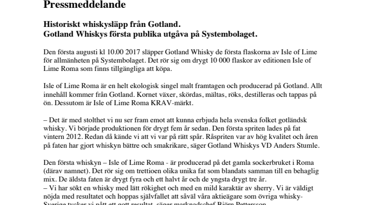 Pressmeddelande - Gotland Whisky släpper Isle of Lime Roma på Systembolaget.