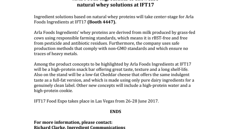 Arla Foods Ingredients to showcase natural whey solutions at IFT17